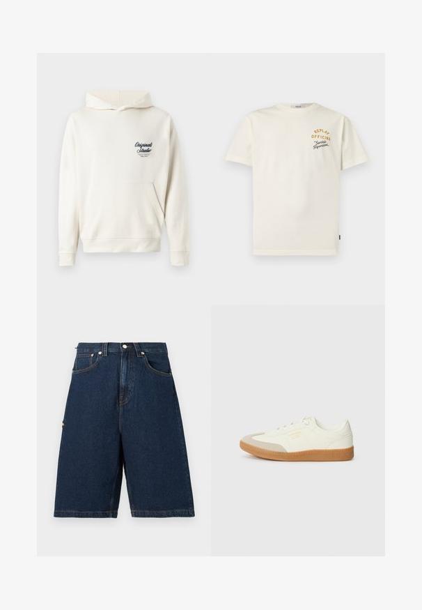 Kræmfarvet hoodie lavet af blødt stof, med en lomme foran, ribbede manchetter og et lille broderet logo på brystet.; Hvid T-shirt med korte ærmer med lille gul og sort tekst på venstre bryst, der lyder "REPLAY OFFICINA Servizio Riparazioni."; Mørkeblå denimshorts i løs pasform med to frontlommer og en enkelt baglomme, afsluttet med orange syninger.; Sneaker lavet af hvid læder med en beige tåhætte og let brunt gummisål. Har flade hvide snørebånd og prægede branding på siden.