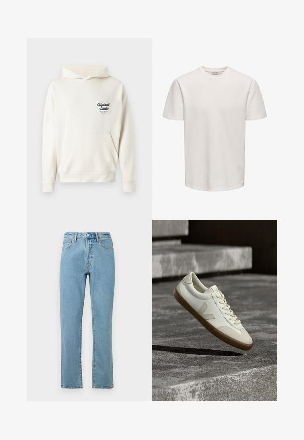 Helle Hoodie aus weichem Stoff, mit einer vorderen Kängurutasche, gerippten Bündchen und einem kleinen gestickten Logo auf der Brust.; Schlichtes weißes, kurzärmliges T-Shirt mit Struktur und Rundhalsausschnitt, vor neutralem Hintergrund präsentiert, ohne sichtbare Logos oder Designs.; Hellblaue Jeans aus Denim mit geradem Bein, mit orangefarbigen Nähten, einem Knopfverschluss und klassischem Fünf-Taschen-Design.; Weiße Leder-Sneaker mit beige-gummiartiger Sohle, flachen Schnürsenkeln und V-förmigem Akzent an der Seite. Verfügt über eine glatte Oberfläche und minimale Nahtdetails.