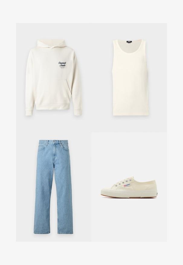 Kræmfarvet hoodie lavet af blødt stof, med en lomme foran, ribbede manchetter og et lille broderet logo på brystet.; Hvid bomulds tanktop med ribbet tekstur, rund halsudskæring og uden ærmer. Har en lille logomærke nederst til venstre.; Lyseblå denimjeans med lige ben, fem lommer, knap- og lynlåslukning samt en let slidt finish.; Beige lærredssneaker med et lavprofildesign, metaløjet og gummisål. Har et tekstureret mønster og logodetalje på siden.