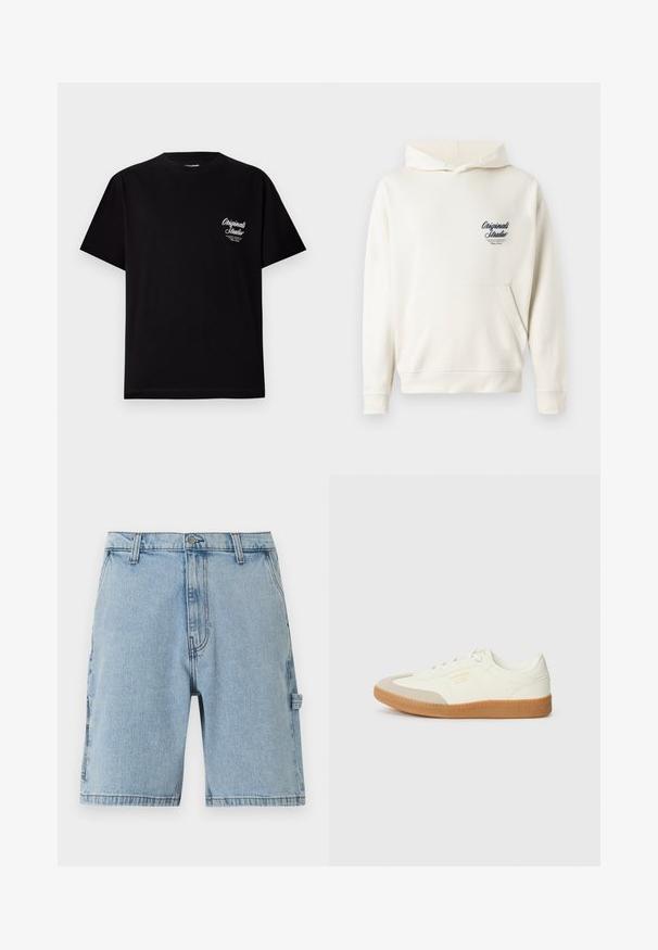 Helle Hoodie aus weichem Stoff, mit einer vorderen Kängurutasche, gerippten Bündchen und einem kleinen gestickten Logo auf der Brust.; Schwarzes Kurzarm-T-Shirt aus Baumwolle. Verfügt über ein kleines weißes Logo im linken Brustbereich. Crew-Hals-Design, reguläre Passform.; Hellblaue Jeansshorts mit vorderem Knopf, Gürtelschlaufen, Seitentaschen und einem kleinen Schlaufen-Detail am rechten Hosenbein.; Sneaker aus weißem Leder mit einer beigen Zehenkappe und leichter brauner Gummisohle. Verfügt über flache weiße Schnürsenkel und geprägtes Branding an der Seite.