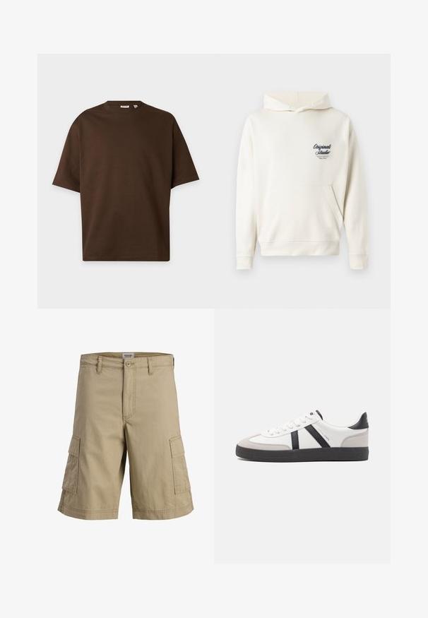 Sweat à capuche couleur crème en tissu doux, avec une poche avant, des poignets côtelés et un petit logo brodé sur la poitrine.; T-shirt marron uni à manches courtes et col rond présenté sur un fond plat gris clair.; Short cargo beige longueur genou avec fermeture à bouton et zip devant et deux poches latérales à rabat.; Baskets blanches avec des accents noirs et gris, présentant un embout texturé gris, une semelle en caoutchouc noir et des lacets plats blancs. Design épuré, style minimaliste.