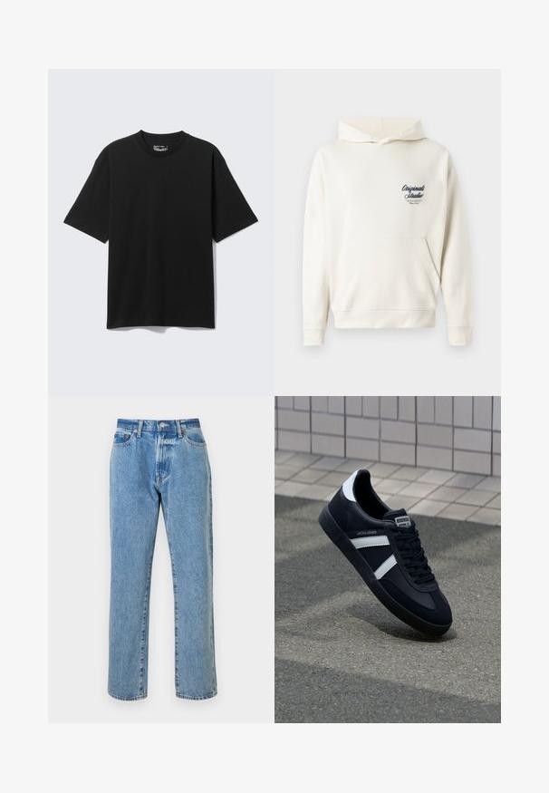 Sweat à capuche couleur crème en tissu doux, avec une poche avant, des poignets côtelés et un petit logo brodé sur la poitrine.; T-shirt noir à manches courtes, coupe décontractée avec col rond, présenté à plat sur fond gris clair.; Jeans en denim bleu clair avec une coupe droite, comprenant cinq poches, une fermeture éclair et des accents en métal cuivré. Détails usés tout au long.; Sneaker en cuir noir avec des rayures blanches, semelle en caoutchouc texturée et devant à lacets. Présente une étiquette de marque sur la languette.