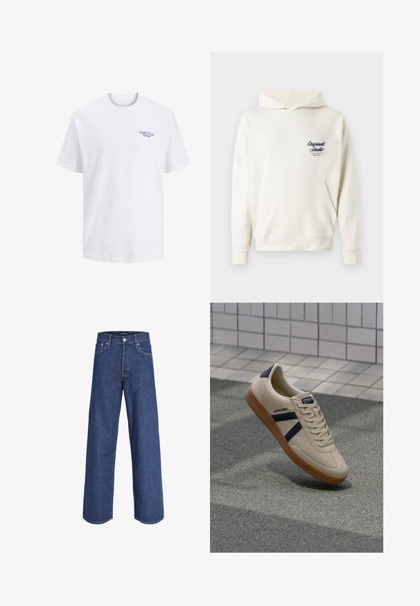 Kræmfarvet hoodie lavet af blødt stof, med en lomme foran, ribbede manchetter og et lille broderet logo på brystet.; Hvid bomulds t-shirt med rund hals, der har et lille blåt trykt logo på brystet med teksten "PADEL CLUB Barcelona." Korte ærmer.; Blå denimjeans med brede ben, knap- og lynlåslukning, bæltestropper og forlommer, vist mod en hvid baggrund.; Beige sneaker med struktureret overflade, marineblå striber og gummisål. Har en polstret tunge og traditionelt snørresystem for en sikker pasform.
