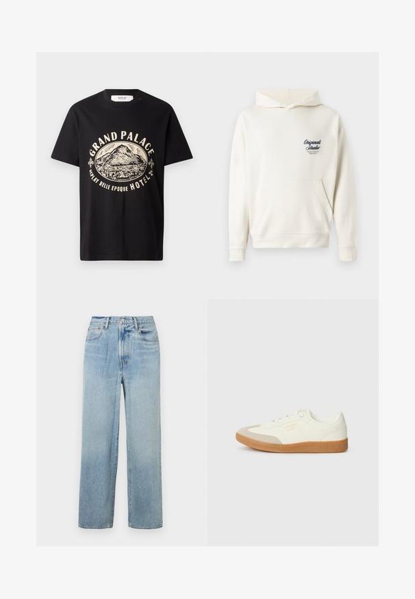 Sudadera color crema hecha de tejido suave, con un bolsillo frontal tipo canguro, puños de canalé y un pequeño logo bordado en el pecho.; Camiseta de algodón negra con un estampado gráfico en beige de una montaña y texto que dice "Grand Palace Replay Belle Epoque Hotel". Diseño sencillo de cuello redondo.; Jeans de mezclilla de pierna recta de color azul claro, con una cintura alta, que cuentan con cinco bolsillos y un sutil desvanecimiento. Dobladillo sin rematar y detalles de costura en contraste.; Zapatilla de cuero blanca con puntera beige y suela de goma marrón claro. Presenta cordones planos blancos y una marca en relieve en el lateral.