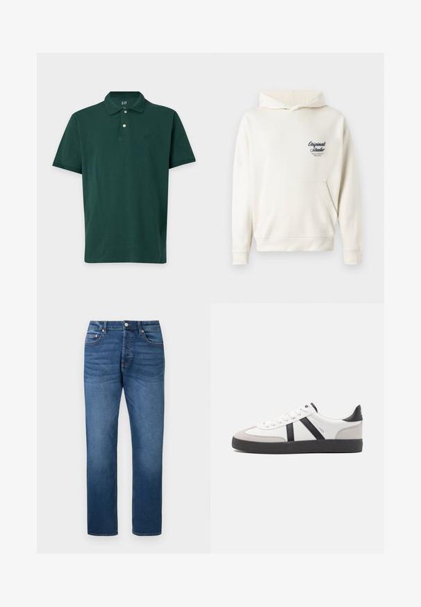 Sweat à capuche couleur crème en tissu doux, avec une poche avant, des poignets côtelés et un petit logo brodé sur la poitrine.; Polo vert foncé à manches courtes avec col, deux boutons et petit logo GAP sur la poitrine gauche, posé à plat sur un fond blanc.; Jean bleu droit avec bouton et fermeture éclair à l'avant, style cinq poches, et légère décoloration sur les cuisses et les genoux, présenté à plat sur fond blanc.; Baskets blanches avec des accents noirs et gris, présentant un embout texturé gris, une semelle en caoutchouc noir et des lacets plats blancs. Design épuré, style minimaliste.