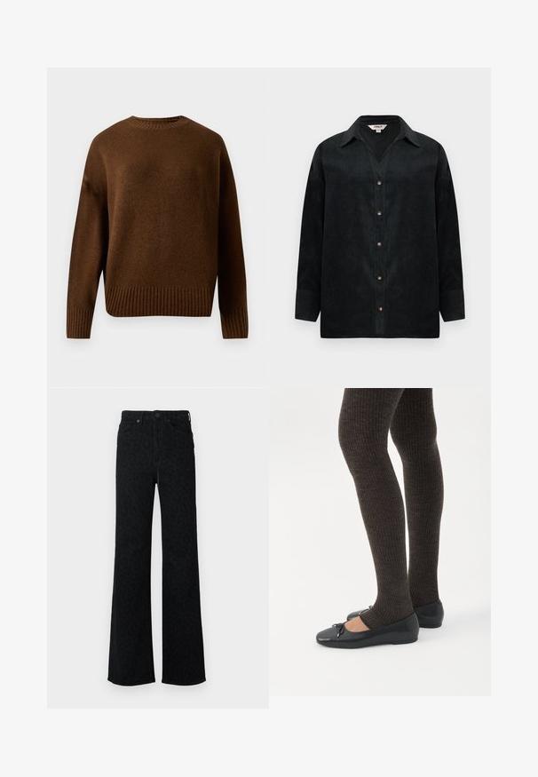 Suéter de punto de manga larga de color marrón oscuro con cuello redondo, puños y dobladillo acanalados sobre un fondo blanco liso.; Camisa de pana negra con escote en V, mangas largas, cierre de botón y textura sutil. Presenta botones en contraste y un ajuste relajado.; Vaqueros negros de tiro alto con un sutil patrón de leopardos, piernas anchas rectas, botón delantero y bolsillos.; Piernas con leggings oscuros acanalados combinados con bailarinas negras que presentan pequeños detalles de lazo sobre un fondo blanco.