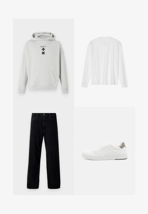 Sudadera gris claro con un bolsillo frontal, que presenta el texto en negro "REPLAY" y símbolos gráficos. Tejido suave, corte relajado, puños de canalé.; Camiseta blanca de algodón de manga larga con cuello redondo, con puños acanalados y dobladillo recto, textura suave y diseño minimalista.; Hollister Co. Vaqueros baggy - washed black; Zapatilla blanca con material de cuero liso, punta redonda, diseño minimalista, acento gris en el talón y suela de goma texturizada.