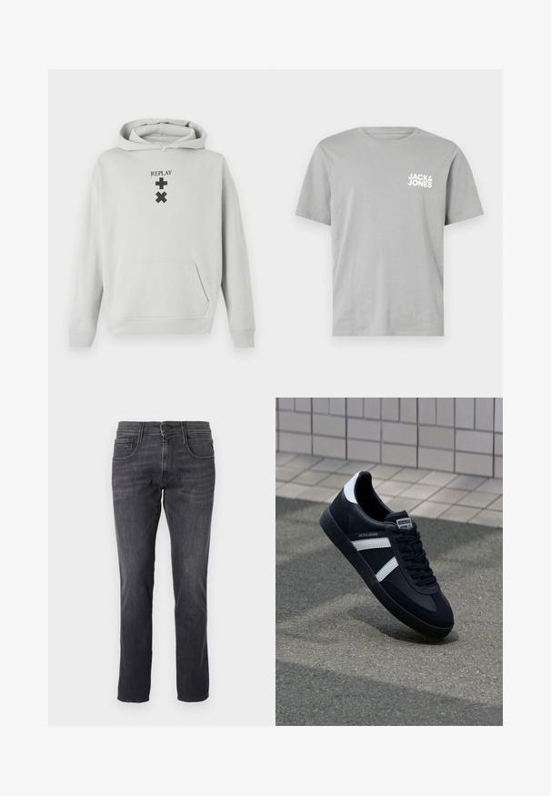 Lys grå hoodie med en frontlomme, prydet med sort "REPLAY" tekst og grafiske symboler. Blødt stof, afslappet pasform, ribbet manchetter.; Grå bomulds t-shirt med korte ærmer, rund halsudskæring, og et hvidt logo "JACK & JONES" trykt på venstre brystområde.; Mørkegrå jeans lavet af denim, med et klassisk fem-lomme design, lige pasform og metalknaplukning i taljen.; Sort lædersneaker med hvide striber, tekstureret gummisål og snørrebånd foran. Har et brandet mærke på tungen.