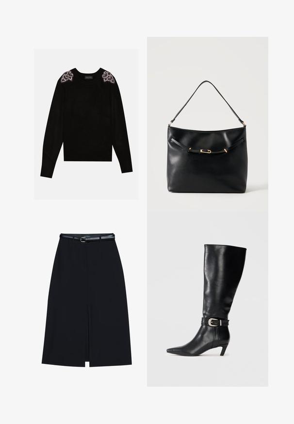 Anna Field by Zalando Trui - black; Zwarte knie-lange rok met een vooraanstaande split, gemaakt van gladde stof. Heeft een dunne zwarte riem met een zilveren gesp en riemlussen.; Zwarte leren kniehoge laars met een spitse neus en een lage kittenheel, voorzien van een decoratieve zilveren gesp bij de enkel. Gladde textuur.; Zwarte leren schoudertas met een enkele band en een klein gouden gespsdetail aan de voorkant tegen een effen lichte achtergrond.