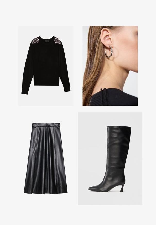 Anna Field by Zalando Pullover - black; Jupe A-line en cuir noir avec plis, présentant une texture lisse, une taille cintrée et des détails de couture visibles. Aucun accent supplémentaire.; Botte noire en cuir, hauteur genou, avec un bout pointu et un talon fin. Texture lisse avec un design sans coutures et une finition polie.; Boucle d'oreille en argent avec une finition polie, présentant de petits détails en or et de forme ronde, portée sur le lobe.
