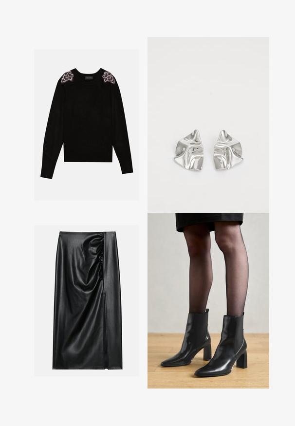 Anna Field by Zalando Pullover - black; Jupe en cuir noir avec une texture lisse, présentant une section froncée sur un côté et une fente sur le côté pour un détail supplémentaire.; Bottines en cuir noir avec un bout pointu, un talon carré épais et un design élégant. Présente des panneaux latéraux élastiques pour un enfilage facile.; Boucles d'oreilles en métal argenté avec un design ondulé et sculptural, présentant une finition polie et des formes irrégulières, mettant en valeur une esthétique contemporaine.