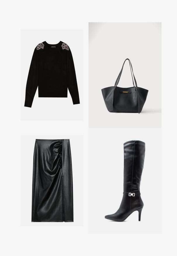 Anna Field by Zalando Πουλόβερ - black; Μαύρη δερμάτινη φούστα με λεία υφή, χαρακτηριζόμενη από μια συγκεντρωμένη περιοχή στη μία πλευρά και με μια πλαϊνή σχισμή για επιπρόσθετη λεπτομέρεια.; Μαύρη δερμάτινη μπότα μέχρι το γόνατο με μυτερή μύτη, ψηλό τακούνι στιλέτο και διακοσμητική ασημένια πόρπη γύρω από τον αστράγαλο.; Μαύρη δερμάτινη τσάντα tote με διπλούς λουριά ώμου και μια μικρή πλακέτα μάρκας σε χρυσό τόνο στο κέντρο μπροστά.