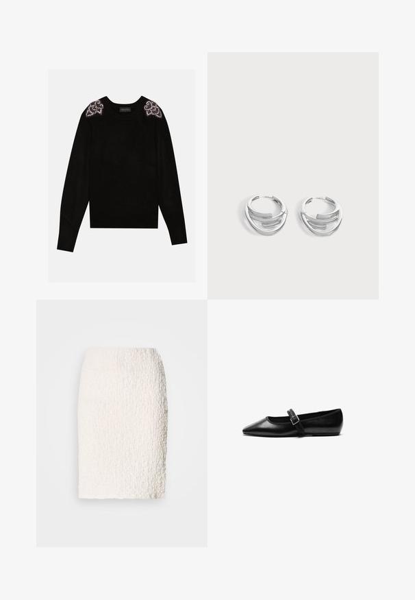Anna Field by Zalando Pullover - black; Jupe crayon blanche texturée avec une surface légèrement duveteuse, longueur genoux, présentant un design ajusté et sans fermetures ni embellissements visibles.; Chaussure noire plate en cuir avec un bout pointu, bride réglable avec une boucle en métal, texture lisse et design minimaliste.; Paire de boucles d'oreilles anneaux en argent poli avec un design de barre incurvée superposée sur un fond clair uni.