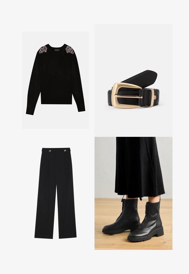 Anna Field by Zalando Pullover - black; Pantalons larges noirs à taille haute, avec des détails de boutons à la taille et des plis sur le devant.; Bottines en cuir noir avec une semelle plateforme épaisse et une fermeture éclair à l'avant. Texture lisse avec un design minimaliste.; Ceinture en cuir noir avec une boucle rectangulaire en or. La ceinture a une texture lisse et un subtil détail de couture le long des bords.