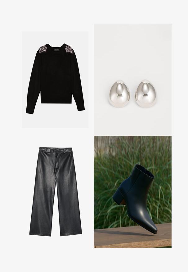Anna Field by Zalando Strickpullover - black; Schwarze Leder-Hose mit weiter Beinform, glatter Textur, Gürtelschlaufen und einem Reißverschluss vorne. Sie zeichnet sich durch eine lockere Passform und saubere Nähte aus.; Schwarzer Leder-Knöchelboot mit Blockabsatz, spitze Spitze, dargestellt über einer Holzoberfläche mit grünem, verschwommenem Gras-Hintergrund.; Silberne metalliche Ohrcuffs mit einem glatten, abgerundeten Design, das einer Träne ähnelt, mit einer reflektierenden Oberfläche und nahtlosem Finish.