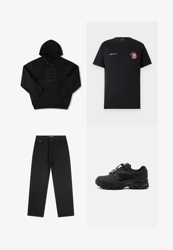 Sort hættetrøje lavet af blødt stof. Har en kengurulomme, ribbede manchetter og et præget tekstdesign på fronten.; Replay SHORT SLEEVE GRAPHIC - T-shirts print - black; Sorte jeans med lige ben, fem lommer, knaplukning og bæltestropper, størrelse 32.; Sort atletisk sneaker med tekstureret stof, tyk polstret sål, luftventiler og snørelukning, vist fra siden på en lys baggrund.