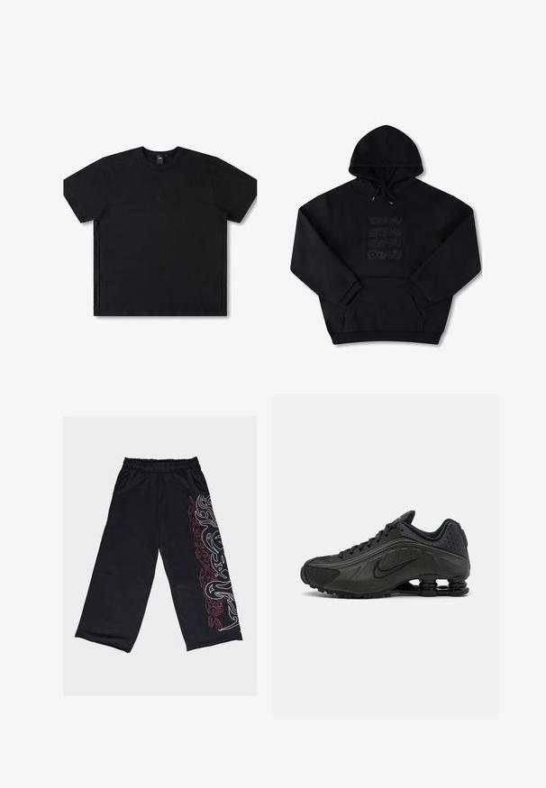 Sort hættetrøje lavet af blødt stof. Har en kengurulomme, ribbede manchetter og et præget tekstdesign på fronten.; Sort kortærmet t-shirt lavet af bomuld med rund hals, med et diskret logo i midten og en afslappet pasform.; Sorte bukser med vide ben lavet af blødt stof. Har et hvidt og rødt tribal-design ned langs venstre side, med elastisk talje og lommer.; Sorte løbesko med en glat syntetisk overdel, perforerede detaljer, teksturerede sidedele og en distinkt fjedrende sål.