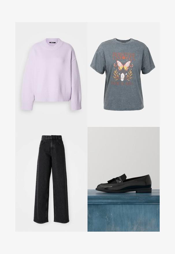 Lilla sweater lavet af blødt stof med ribstrikket rund halsudskæring samt ribstrikkede manchetter og kant. Komfortabel, afslappet pasform med faldende skuldre.; Grå oversized t-shirt med et sommerfugl grafik og teksten "Positive Magical Soul". Blødt stof med en let struktureret overflade.; Sorte højtaljede brede bukser lavet af denim, præget af et klassisk fem-lomme design og subtile syninger.; Sorte patenterede lædersko med flad hæl, med et frynsedetalje og glat overflade, designet med en rund tå og subtil søm.