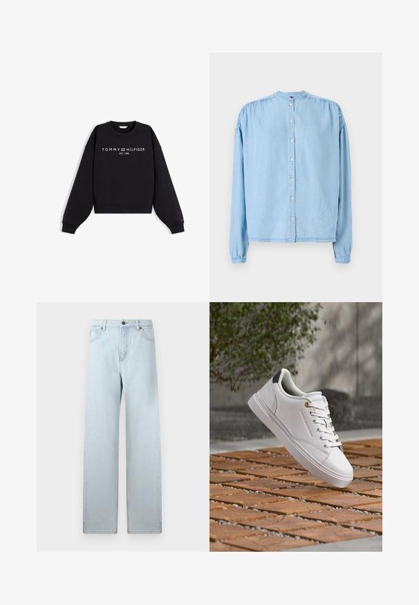 Zwarte lange mouwen crewneck hoodie met witte "Tommy Hilfiger EST. 1985" tekst en logo in het midden van de borst.; Lichtblauw, langarm shirt met knopen van zachte denim, met een ronde halslijn, geplooide schouders en een rechte snit.; Lichtblauwe wijde spijkerbroek met hoge taille, voorzakken en knoopsluiting. Britse denimtextuur, minimale vervaging, rechte pijpdesign.; Witte lage sneaker met veters, gouden veteroog en navy hieldetail, hangend boven een houten blok en kiezelgrond buiten.