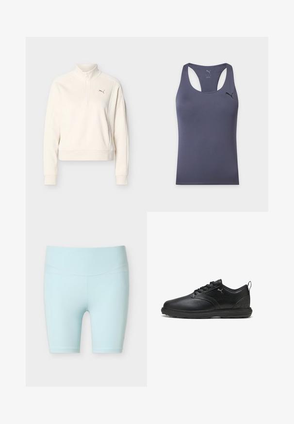 Pull-over à manches longues couleur écru avec col montant, demi-fermeture éclair à l'avant, poignets côtelés et petit logo Puma sur le côté gauche de la poitrine.; Débardeur de sport gris foncé sans manches avec dos nageur et petit logo noir Puma sur le haut gauche de la poitrine.; Shorts de sport bleu clair, taille haute, longueur au genou, avec coutures plates conçues pour le confort et la flexibilité.; Chaussure en cuir noir avec une finition lisse, panneau latéral texturé, design à lacets et col rembourré. Présente un logo subtil et des accents à motifs.