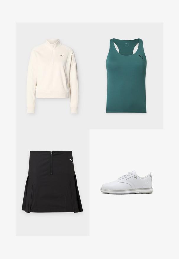 Off-white langærmet pullover med høj krave, halvlukning med lynlås foran, ribstrikkede manchetter og lille Puma-logo på venstre bryst.; Tealgrøn ærmeløs atletisk tanktop med racerback-design og lille sort Puma-logo på øverste venstre bryst.; Sort atletisk nederdel med lynlås foran og plisserede sider, med en hvid Puma-logo på øverste højre side.; Hvide atletik sko med glat syntetisk læderoverdel, teksturerede accenter, polstret krave og gummisål med godt greb. Sølv logo detaljer.