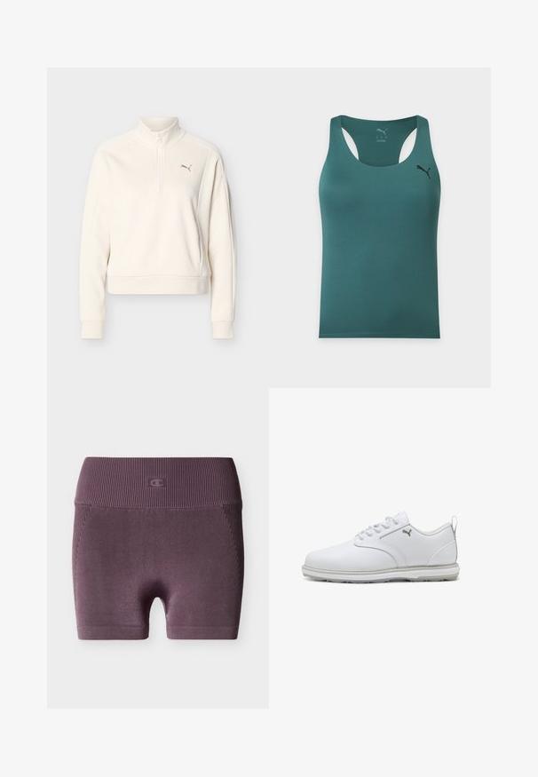 Elevandilõikega offwhite-kollektsioonist pika varrukaga pullover kõrge kraega, esiosas poolas lukuga, soonikkoes mansettidega ning väikese Puma logoga vasakul rinnal.; Türkiissinine varrukateta sportlik tanktop racerback disainiga ja väikese musta Puma logoga ülemisel vasakul rinnal.; Õmblusteta soonilised kõrge vöökohaga lillad jalgratturi lühikesed püksid väikese reljeefse logoga vöö keskosas, valgel taustal.; Valged spordijalatsid siledast sünteetilisest nahast pealsega, tekstureeritud aktsentidega, pehmendatud krae ja kummist sisetallaga, mis tagab hea haarde. Hõbedane logo detail.