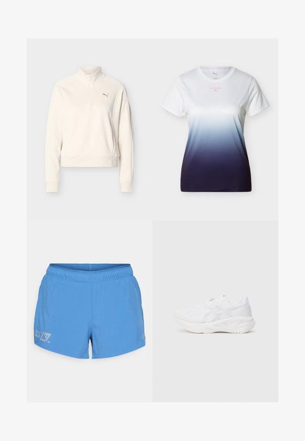 Elevandilõikega offwhite-kollektsioonist pika varrukaga pullover kõrge kraega, esiosas poolas lukuga, soonikkoes mansettidega ning väikese Puma logoga vasakul rinnal.; Lühikeste varrukatega ümara kaelusega t-särk valge-tume sinise gradientidega ja roosade "HYROX" ning Puma logodega rinnal.; Heledad sinine jooksutrikoo, millel on perforeeritud tekstuur, elastne vöökoht ja trükitud logo ning detailid vasakul reiel.; Valge sportlik jalanõud, millel on hingav võrgust pealis ja pehme tallaga, omades tekstuurilist mustrit ja minimalistlikke disaini aktsente.
