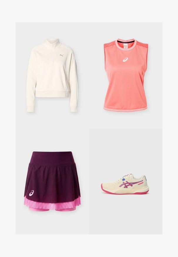 Off-white langærmet pullover med høj krave, halvlukning med lynlås foran, ribstrikkede manchetter og lille Puma-logo på venstre bryst.; Ærmeløs atletisk tanktop i koralpink med hvide kanter på krave og kant, med hvidt Asics-logo centreret på brystet.; Lilla og pink lagdelt atletisk nederdel med indbyggede shorts og hvidt Asics-logo på venstre forside.; Cremefarvet sportsko med en lyserød sål, blå og lilla accenter, perforeret overdel og design med rund tå.