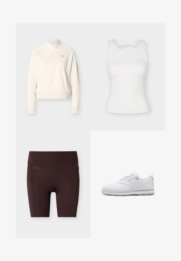 Pull-over à manches longues couleur écru avec col montant, demi-fermeture éclair à l'avant, poignets côtelés et petit logo Puma sur le côté gauche de la poitrine.; Haut de sport blanc sans manches avec encolure ronde et détail dos croisé, arborant un petit logo Puma sur la poitrine.; Shorts de cycliste marron foncé à taille haute avec coutures plates, longueur jusqu'aux genoux, présentés sur un fond gris clair.; Baskets blanches avec une tige en cuir synthétique lisse, des accents texturés, un col rembourré, et une semelle en caoutchouc offrant une bonne adhérence. Détail de logo argenté.