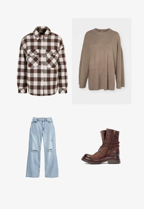 Brun oversized sweater med ribbet kant, brede ærmer og rund hals. Blød tekstur, minimalistisk design uden mønstre.; Brun og hvid plaid knap-op skjorte med to brystlommer, der har en klassisk krave og knap-ned foran. Blød stofstruktur.; Lyseblå, vide jeans i denim med slidte revner på lårene, høj talje og standard fem-lomme design.; Brun læderankelstøvle med sidelukning med lynlås, indviklede snørebånd, robust sål og slidt struktur på hvid baggrund.