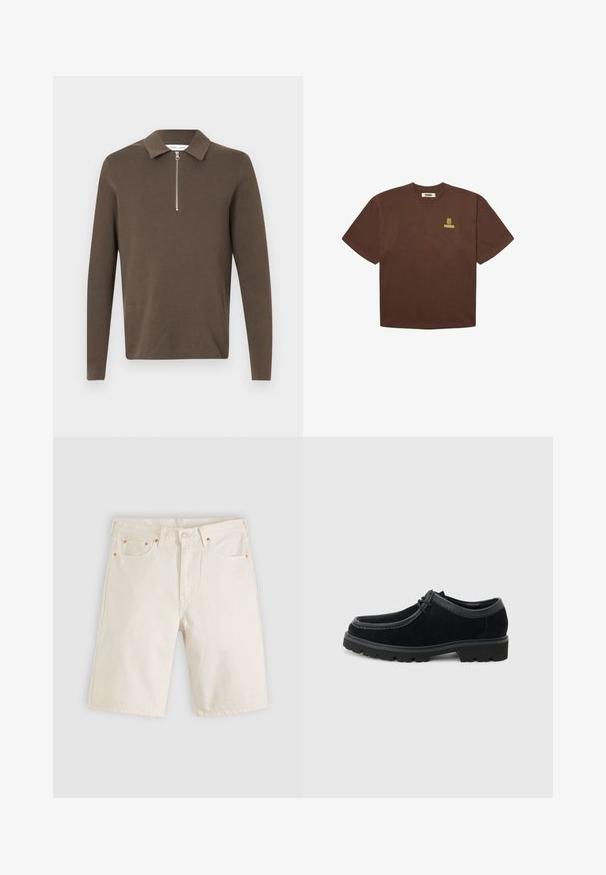 Pullover en tricot marron à manches longues avec un col et une fermeture éclair argentée à demi-zip au centre avant.; T-shirt marron à manches courtes avec col rond, petit texte jaune "WOODBIRD" et logo d'oiseau sur le côté gauche de la poitrine.; Shorts en denim écru avec poches avant, passants de ceinture et fermeture par bouton, posés à plat sur un fond neutre.; Chaussure à lacets en daim noir avec semelle en caoutchouc épaisse et embout arrondi, vue de profil sur fond gris clair.