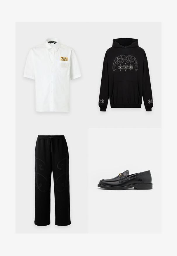 Sweat à capuche noir avec une poche avant, présentant un imprimé graphique argenté métallique et des accents décoratifs de fleur de lys sur les manches. Tissu doux.; Chemise blanche à manches courtes avec col et une petite écusson brodée colorée qui dépasse de la poche poitrine gauche.; Pantalons de jogging noirs avec une coupe décontractée, présentant des motifs de couture tourbillonnants complexes sur les côtés et une ceinture élastique avec cordon de serrage.; Mocassins en cuir noir avec un embout rond, présentant des accents en métal doré et des détails de couture, montés sur une semelle en caoutchouc texturé et basse.