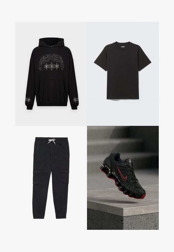 Sudadera con capucha negra con bolsillo delantero, con estampado gráfico metálico plateado y detalles decorativos de flor de lis en las mangas. Tejido suave.; Camiseta de algodón negra lisa de manga corta con cuello redondo y etiqueta de la marca "WEEKDAY" en el interior del cuello sobre un fondo gris claro.; Pantalones cargo negros de algodón, con una cinturilla elástica con cordón, bolsillos laterales y puños ajustados.; Zapatilla deportiva Nike negra y roja con suela visible tipo muelle, equilibrándose en el borde de un escalón de hormigón.