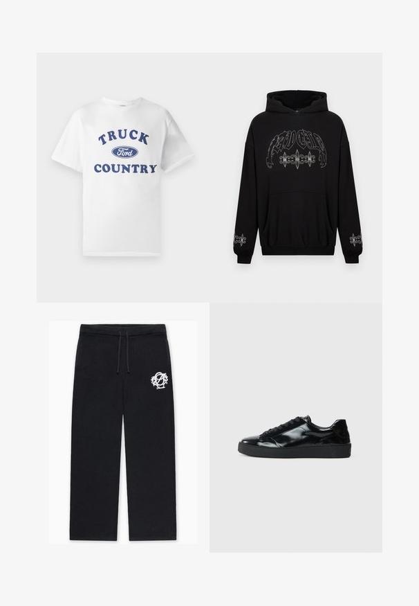 Sort hættetrøje med en forlomme, prydet med metallisk sølvgrafiktryk og dekorative fleur-de-lis-detaljer på ærmerne. Blødt stof.; Hvid bomulds t-shirt med blå trykt tekst "TRUCK COUNTRY" og et blåt ovalt "Ford"-logo i midten. Korte ærmer og rund hals.; Sorte strikkede bukser med en afslappet pasform, med snøre i taljen og en hvid broderet logo på venstre lår.; Sorte laklæder sneakers med rund tå, snørredesign, tekstureret gummisål og en glat overflade.