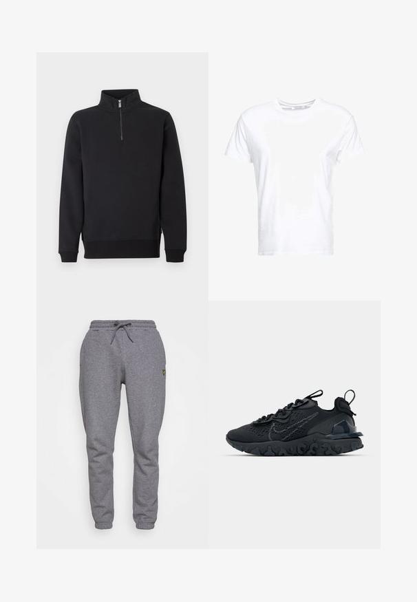 Sort sweatshirt med halv lynlås, høj krave, lange ærmer og ribbet manchet. Fremstillet af glat stof med en klassisk pasform. Ingen synlige logoer.; Hvid bomulds t-shirt med rund halsudskæring og korte ærmer, i en klassisk pasform og glat tekstur. Ingen mønstre eller hardware synlige.; Grå bomulds sweatpants med elastisk talje, snøre, sidelommer og et lille gult logo på låret. Tapered ben design.; Sort atletisk sko med en åndbar mesh-overdel, teksturerede detaljer og en bølget gummisål. Har reflekterende logo og snørresystem.