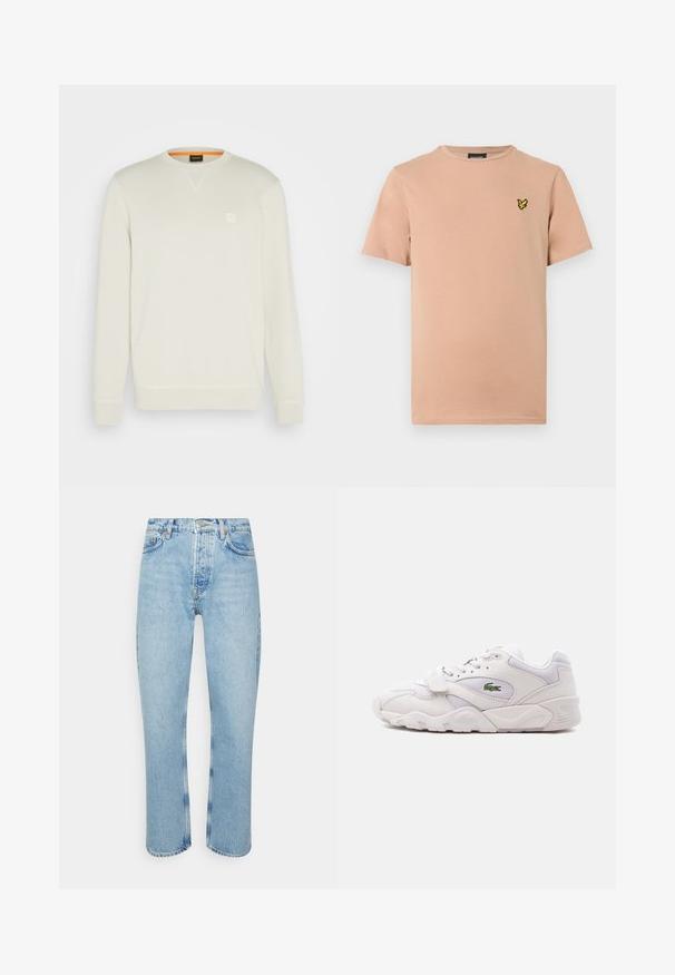 Sweatshirt crème clair avec un col rond, des manches longues et un petit logo carré sur la poitrine. Texture douce et intérieur orange contrasté.; T-shirt en coton pêche clair avec col rond, manches courtes, et petit logo brodé d'un papillon jaune sur le côté gauche de la poitrine.; Jean en denim bleu clair avec une coupe droite, taille haute, design à cinq poches et détails de couture visibles sur les coutures et les ourlets.; Baskets blanches de sport avec lacets et sangle Velcro, arborant un logo de crocodile vert sur le côté et une semelle épaisse et texturée.