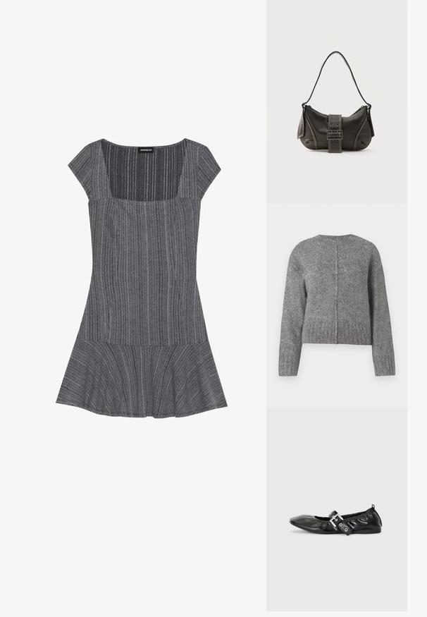 Suéter gris de punto con mangas largas y cuello redondo. Presenta un diseño corto y canalé vertical en toda la prenda. Sin hardware visible.; Vestido gris a rayas con mangas cortas, escote cuadrado y dobladillo acampanado. Hecho de una tela texturizada, presenta un diseño de rayas verticales.; Zapato plano de piel negra con puntera afilada, detalle fruncido alrededor de la abertura y un acento de hebilla plateada en la correa ajustable.; Bolso de hombro de cuero negro con detalle de correa con hebilla, bordes curvos y costuras blancas en contraste sobre un fondo liso.