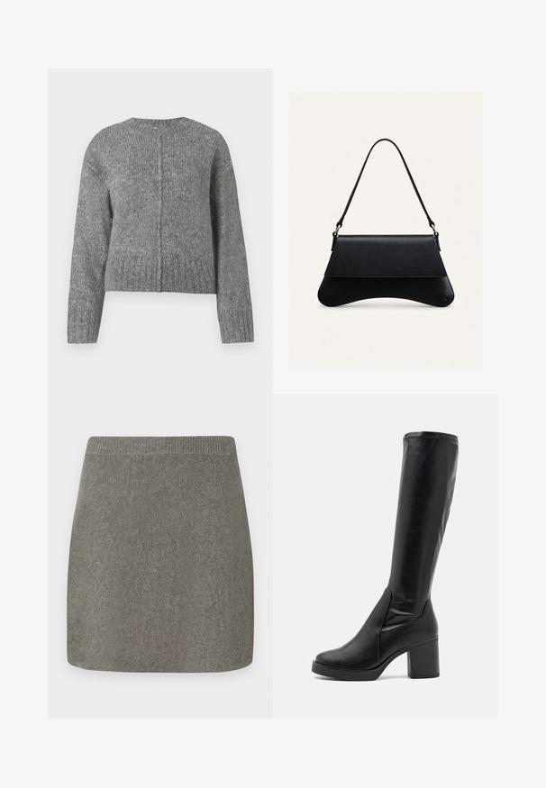 Grå strikket sweater med lange ærmer og rund halsudskæring. Har et cropped design og lodret ribbet struktur. Ingen synlig hardware.; Grå strikket miniskørt med ribbet talje, glat tekstur og lige snit, designet til en tætsiddende silhuet.; Sorte knæhøje støvler lavet af glat læder med en kraftig hæl og en afrundet tå. Har et sømløst design og diskrete syningsdetaljer.; Sort læderhåndtaske med en buet bund, klaplukning og en enkelt tynd skulderrem mod en ensartet lys baggrund.