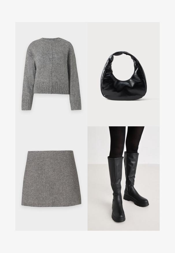 Pull en tricot gris à manches longues et col rond. Présente un design court et un côtes verticales sur l'ensemble. Pas de matériel visible.; Jupe à motif chevrons en tissu gris, présentant une silhouette ajustée avec une texture lisse et un ourlet droit et net.; Even&Odd by Zalando Bottes à plateau - black; Sac à main en simili cuir noir avec une forme de croissant unique, une large poignée rembourrée et une fermeture éclair. Texture lisse et brillante, design minimaliste.
