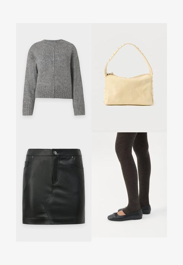 Pull en tricot gris à manches longues et col rond. Présente un design court et un côtes verticales sur l'ensemble. Pas de matériel visible.; Mini-jupe en simili cuir noir avec un bouton à l'avant, fermeture éclair, poches avant et arrière, et détails de couture.; Jambes portant des leggings côtelés foncés associés à des ballerines noires avec de petits détails en nœud sur fond blanc.; Petit sac à main en cuir beige avec une seule bandoulière et des clous argentés le long des bords et de la bandoulière, posé sur un fond uni.