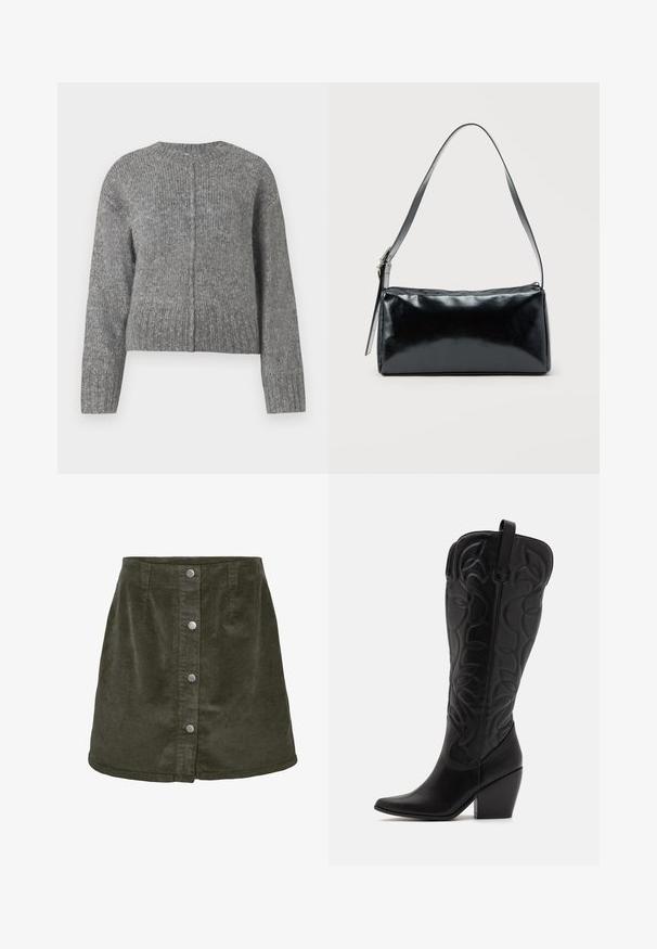 Suéter gris de punto con mangas largas y cuello redondo. Presenta un diseño corto y canalé vertical en toda la prenda. Sin hardware visible.; Falda mini de pana en verde oscuro con forma de línea A, que cuenta con cinco cierres de botones plateados en la parte delantera y textura acanalada vertical.; Botas negras de cuero hasta la rodilla con punta puntiaguda y tacón apilado. Presentan costuras decorativas y elementos de diseño curvados.; Bolso de hombro rectangular negro con una correa ajustable y un cierre de cremallera superior sobre un fondo liso.