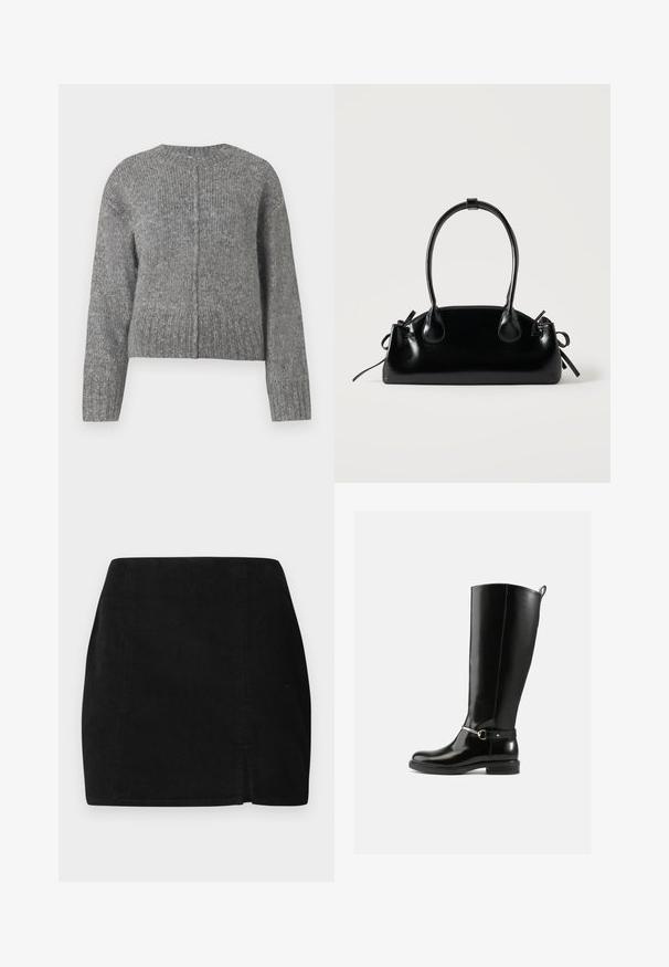 Grå strikket sweater med lange ærmer og rund halsudskæring. Har et cropped design og lodret ribbet struktur. Ingen synlig hardware.; Sort kordfløjlskørt med lige snit, en lille frontslids og tekstureret stof. Ingen synlige detaljer eller hardware.; Sorte knæhøje støvler lavet af blankt læder med en sølvfarvet spænde ved anklen og rundet snude. Flad sål.; Lille sort blank håndtaske med to lange håndtag og snøre-detaljer i siden på en ensfarvet lys baggrund.