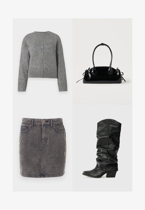 Pull en tricot gris à manches longues et col rond. Présente un design court et un côtes verticales sur l'ensemble. Pas de matériel visible.; Jupe en denim grise avec une texture côtelée verticale, dotée d'une fermeture à boutons sur le devant, de deux poches latérales et d'un ourlet droit.; Bottes noires en cuir, montantes jusqu'au genou, avec un design plissé, un bout pointu et un talon épais, présentant une texture lisse et des coutures minimales.; Petit sac à main noir brillant avec deux longues anses et des détails à cordon sur les côtés sur un fond clair uni.