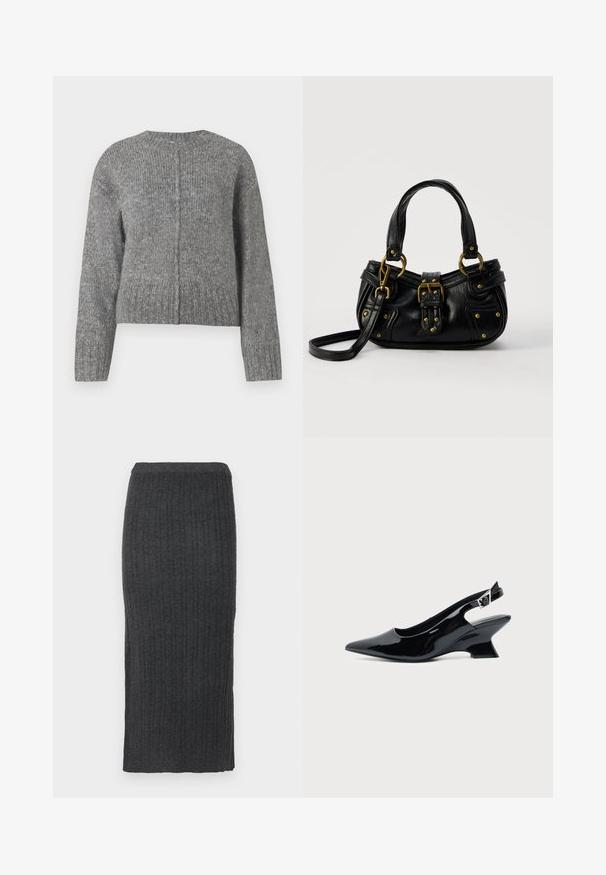 Suéter gris de punto con mangas largas y cuello redondo. Presenta un diseño corto y canalé vertical en toda la prenda. Sin hardware visible.; Falda midi de punto acanalado en gris oscuro. Presenta una silueta ajustada y una cinturilla elástica. Confeccionada en un tejido suave y texturizado.; Zapato slingback de cuero charol negro con puntera puntiaguda y tacón bajo en bloque inclinado sobre fondo claro liso.; Bolso de cuero negro con hebilla y detalles de remaches dorados, asas cortas y una correa de hombro ajustable sobre un fondo blanco liso.
