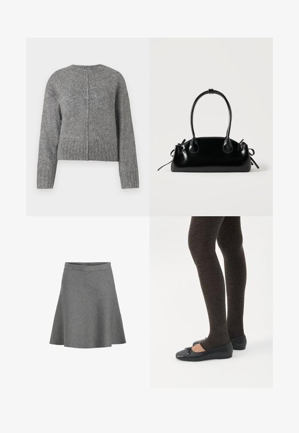 Pull en tricot gris à manches longues et col rond. Présente un design court et un côtes verticales sur l'ensemble. Pas de matériel visible.; Jupe grise évasée en tissu doux, dotée d'une taille lisse et d'un ourlet qui s'évase doucement, avec une texture subtile et sans motifs.; Jambes portant des leggings côtelés foncés associés à des ballerines noires avec de petits détails en nœud sur fond blanc.; Petit sac à main noir brillant avec deux longues anses et des détails à cordon sur les côtés sur un fond clair uni.