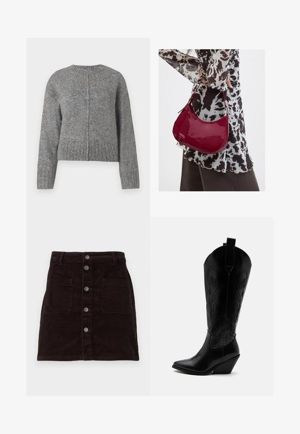 Grauer gestrickter Pullover mit langen Ärmeln und Rundhalsausschnitt. Verfügt über ein kurzes Design und vertikale Rippenstruktur. Keine sichtbaren Beschläge.; Brauer Corduroy-Rock mit figurbetontem Design, vorderer Knopfverschluss, zwei seitlichen Taschen und vertikaler Rippstruktur über die gesamte Fläche.; Schwarzer Leder-Cowboystiefel mit spitzer Zehe, schrägem Blockabsatz, dekorativer Naht und Zuglaschen oben vor weißem Hintergrund.; Frau trägt eine schwarz-weiß gemusterte Bluse und hält eine glänzende rote Schultertasche vor einem einfarbigen Hintergrund.
