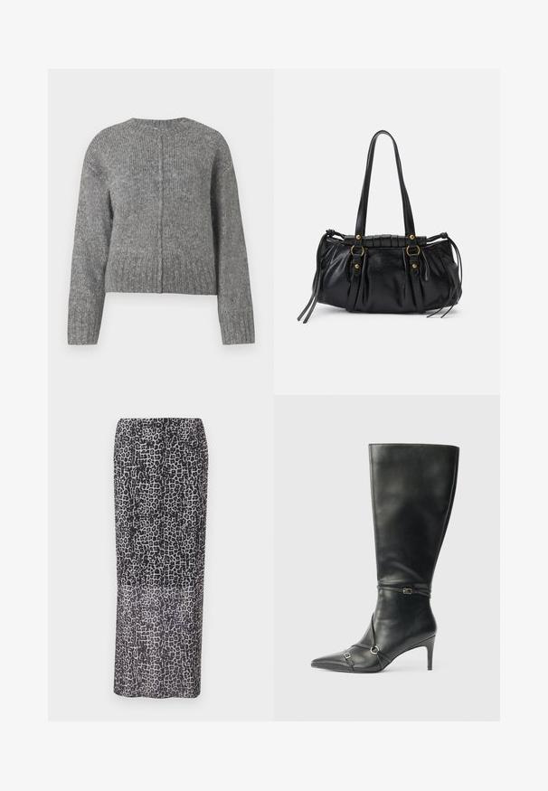 Grå strikket sweater med lange ærmer og rund halsudskæring. Har et cropped design og lodret ribbet struktur. Ingen synlig hardware.; Maxi nederdel med leopardmønster i sort og grå, der har en lige silhuet og let stof med gennemsigtig tekstur.; Sorte knæhøje støvler i læder med en slank hæl, spids tå og remdetaljer ved anklen. Glat tekstur og tætsiddende design.; Sort læderhåndtaske med rund form, dobbelte hanke, dekorative hardware-detaljer og snøre på siden. Glat, blank overflade.