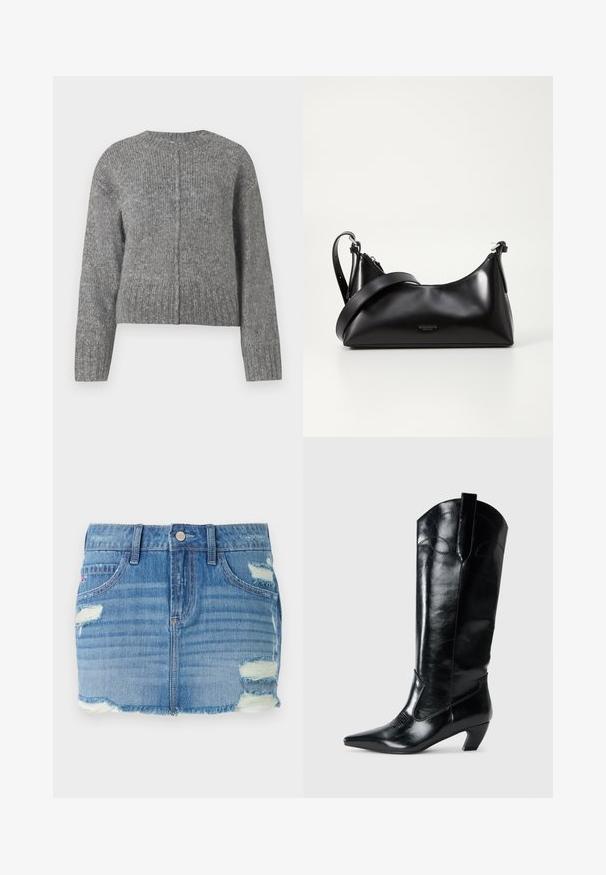 Grå strikket sweater med lange ærmer og rund halsudskæring. Har et cropped design og lodret ribbet struktur. Ingen synlig hardware.; Denim mini nederdel i lyseblå med en distressed finish. Har en frynset kant, falmede sektioner og flere huller. Lukning med knap foran og lommer.; Sorte læderknæhøje støvler med spids tå, lav hæl og dekorative syninger på siderne. Glat, blank overflade.; Sort læderhåndtaske med en glat tekstur. Har en justerbar stropp og et enkelt, minimalistisk design med lynlås.