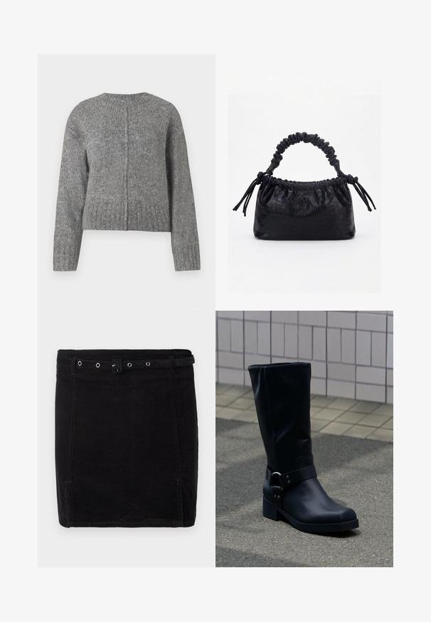 Grå strikket sweater med lange ærmer og rund halsudskæring. Har et cropped design og lodret ribbet struktur. Ingen synlig hardware.; Sort fløjlsskjørt med en tætsiddende pasform, der har et bælte, sølvhardware og en diskret vertikal ribbeting. ; Sort læderstøvle midt på læggen med lav blokhæle og en dekorativ rem med metal spænde rundt om anklen, på en flisebelagt fortov.; Sort taske med krokodilletekstur, rynket øverste kant, samlet hank og snore med kvaster på hver side mod en hvid baggrund.