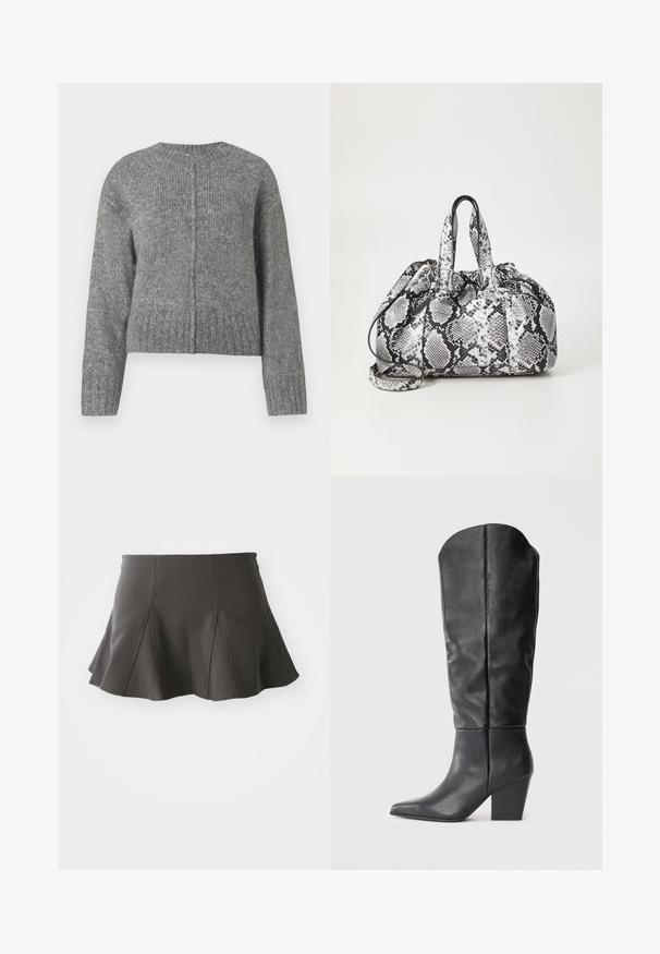 Pull en tricot gris à manches longues et col rond. Présente un design court et un côtes verticales sur l'ensemble. Pas de matériel visible.; Jupe noire évasée avec une taille ajustée, présentant des coutures verticales et une texture lisse. L'ourlet est légèrement incurvé et se situe au-dessus de mi-cuisse.; Bottes noires en cuir, montant jusqu'au genou, avec un bout pointu et un talon épais. Le design présente une texture lisse et des lignes minimalistes.; Sac à main en motif peau de serpent noir et blanc avec deux poignées, une fermeture à cordon et une bandoulière amovible. Texture lisse.